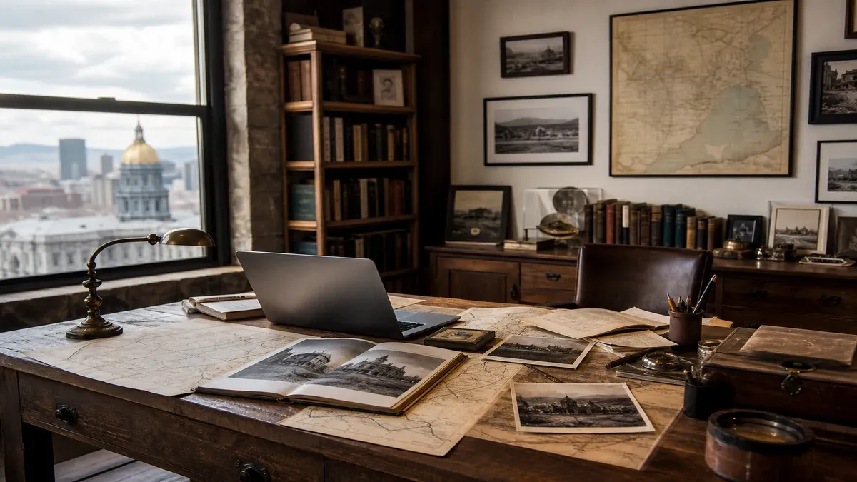 Heritage travel editorial research scene with archive maps