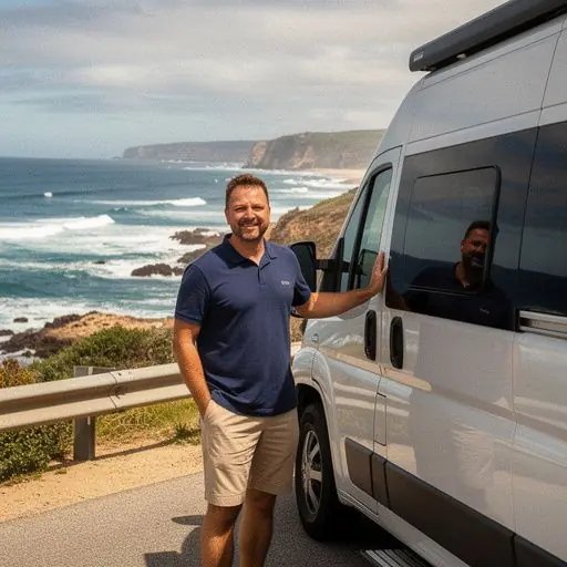 Couple enjoying a gourmet picnic beside a luxury RV parked in a picturesque national park setting